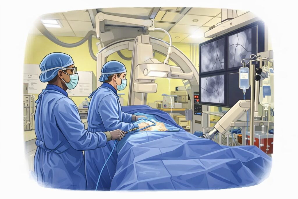 Best pediatric cardiologist in Mumbai- Dr Supratim Sen. Senior Interventional Pediatric Cardiologist Dr Supratim Sen doing a complex cathlab procedure.